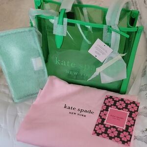 Kate Spade Vivid Green Market See Through Tote Bag W/ Wristlet & Pink Dust Bag